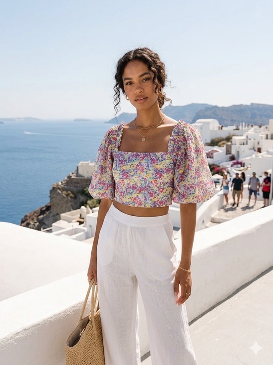 Meet Me In Santorini Tops - Meet me in Santorini Floral Square-Neck Puff Sleeve Crop Top - Multicolor